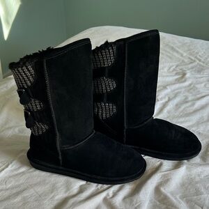 BearPaw Black Suede and Gray Knit Winter Boots
